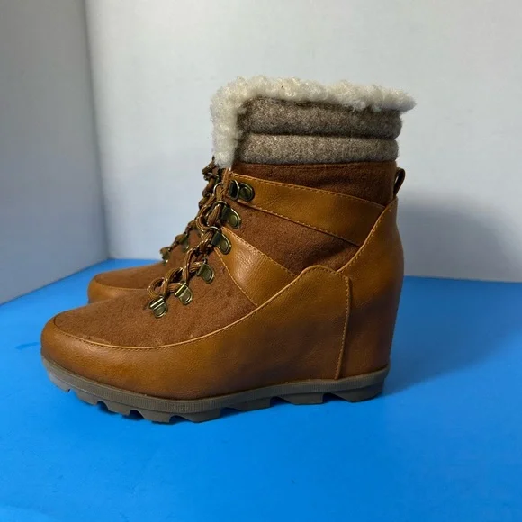 JustFab Tan and Brown Winter Wedge Boots - Picture 3 of 7